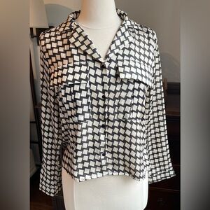 T Tahari Black and Off White Checkered Button Down Shirt